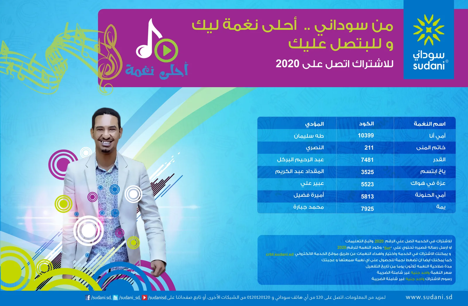 Blue and magenta Sudani advertisement for ringback tones with a table of codes